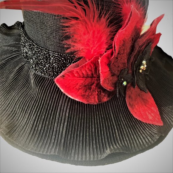 Handcrafted Y2K Boho Black Wool Blend/ Felt Glamorous Embellished Floppy Hat NEW main image 6